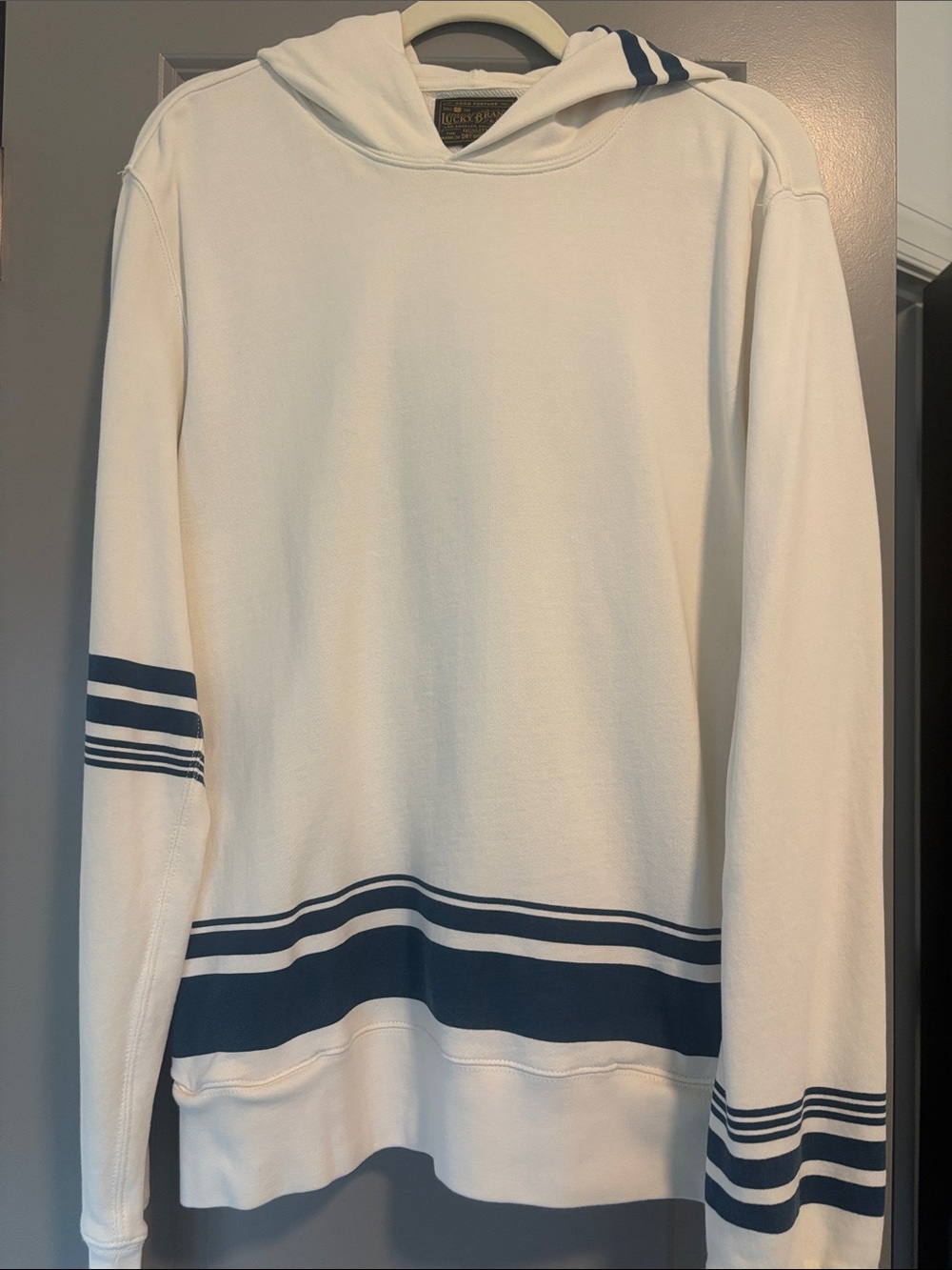 Lucky Brand White Hoodie with Navy Stripe Accents